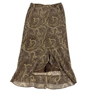Vintage 90s Size M Brown Paisley Midi Skirt Chiffon Asymmetrical Ruffle Witchy